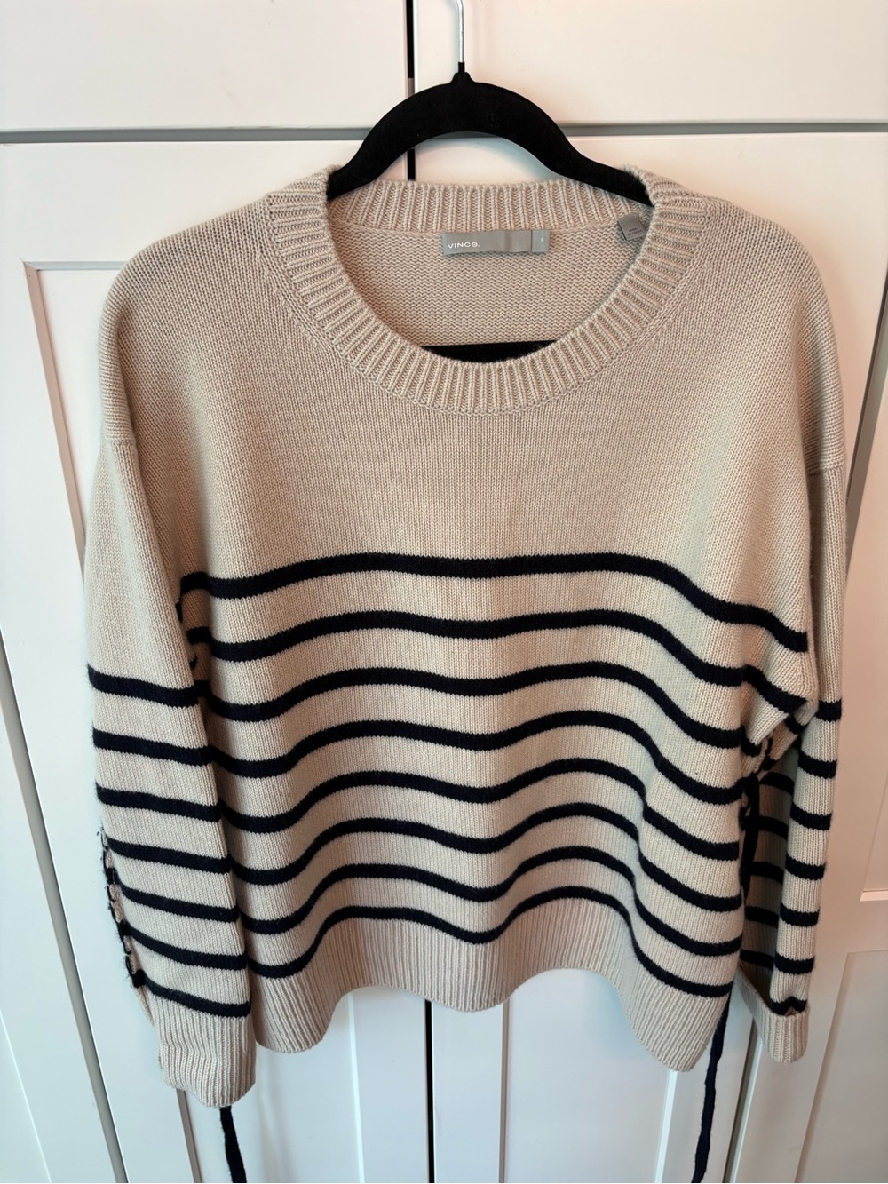 Vince Beige & Navy Striped Scoop neck 100% Cashmere Sweater